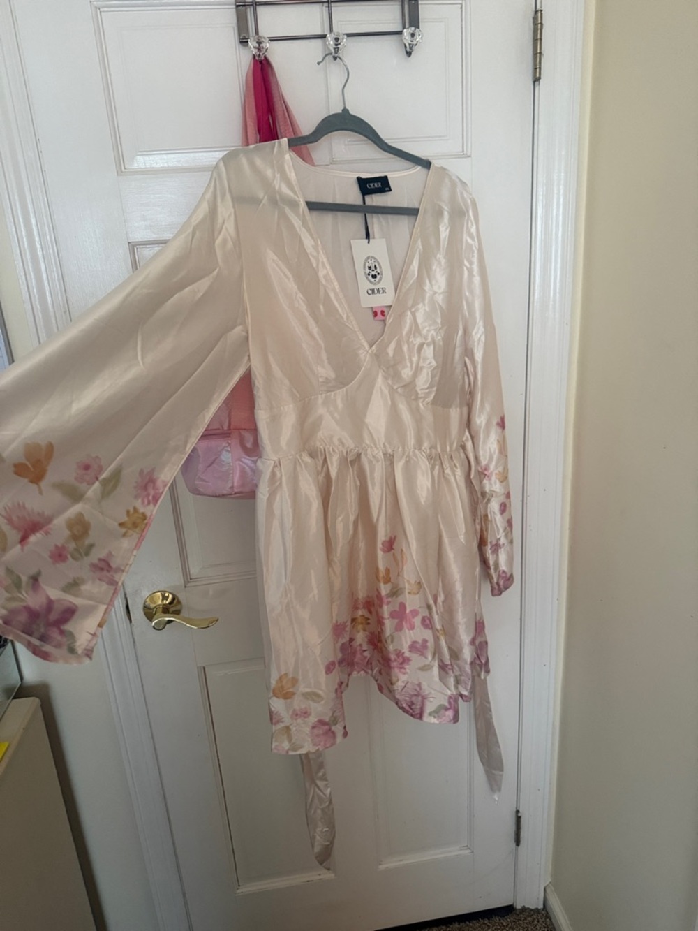 Cider Cream Satin Floral V-Neck Mini Dress with Pink Accents